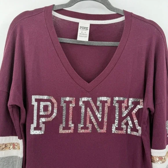 PINK Victoria's Secret Sequins V‎ Neck Long Sleeve Sweatshirt Burgundy XS - Picture 8 of 16